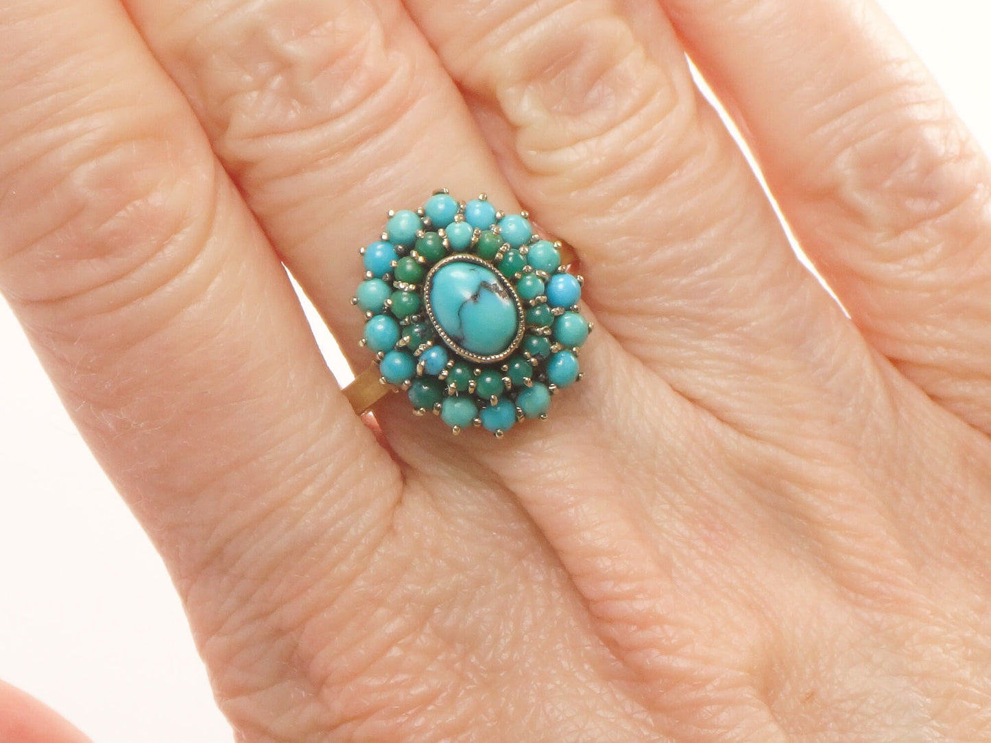Vintage 10k Gold Turquoise Cluster Ring: Blue Green Oval Dome Style