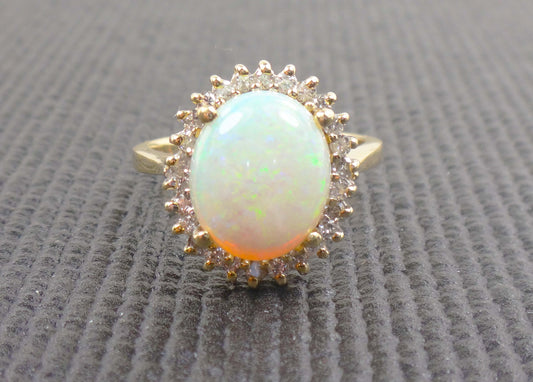 Vintage 14k Yellow Gold Natural Opal Ring with Diamond Halo Australian Opal Ring October Birthstone