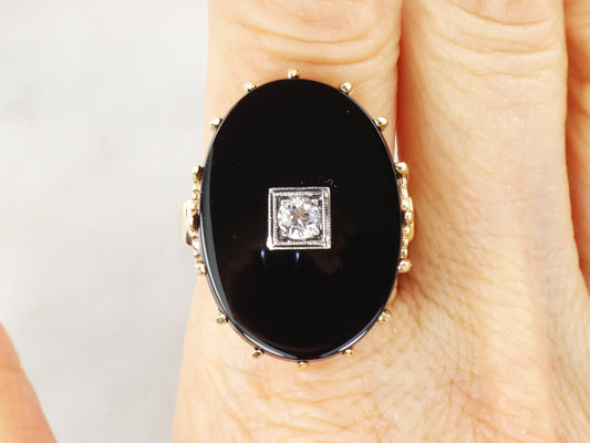 Vintage Art Deco 14k Yellow Gold Black Onyx and Diamond Ring, .20 CT European Cut Natural Diamond Size 8.75