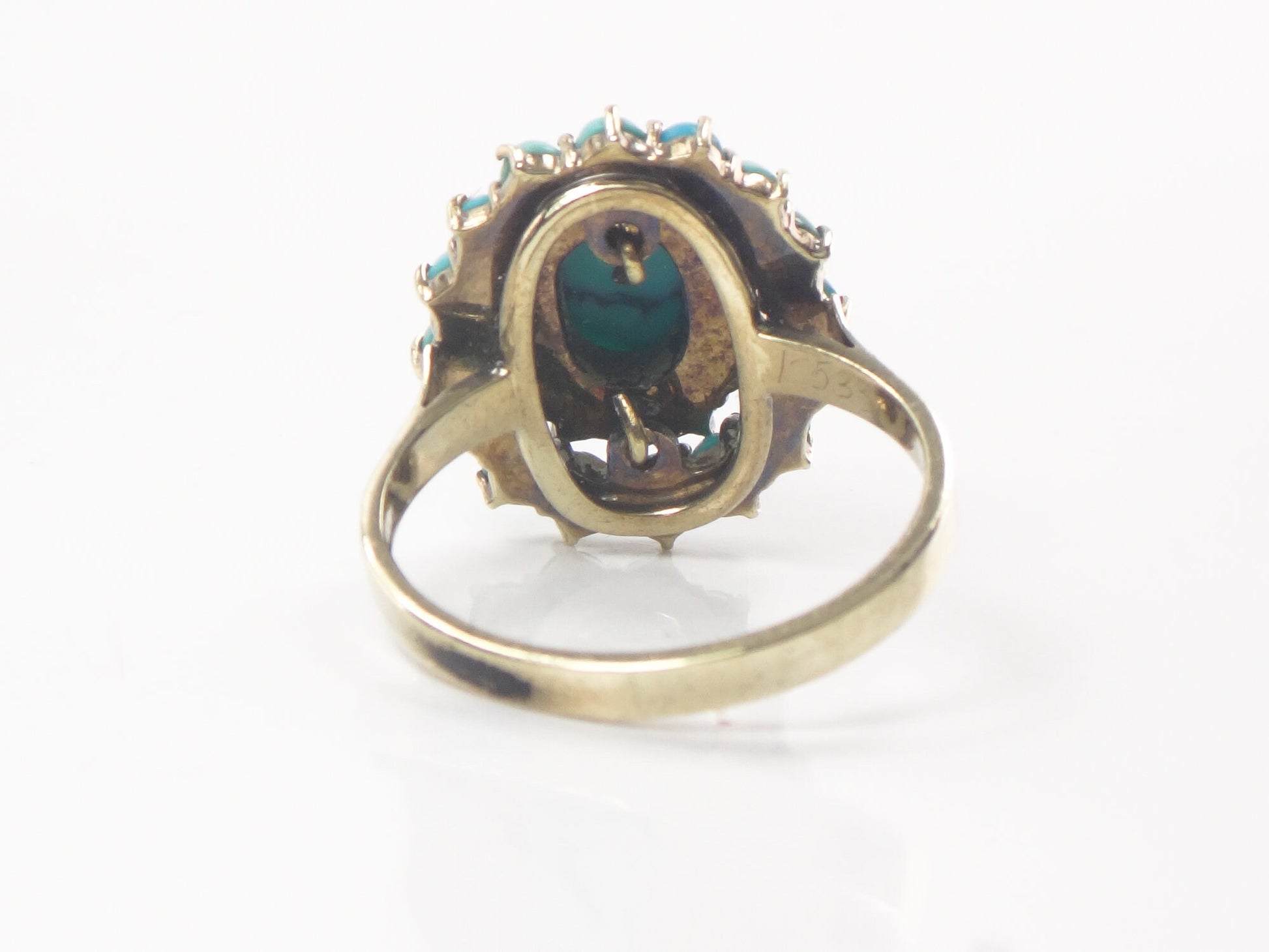 Vintage 10k Gold Turquoise Cluster Ring: Blue Green Oval Dome Style