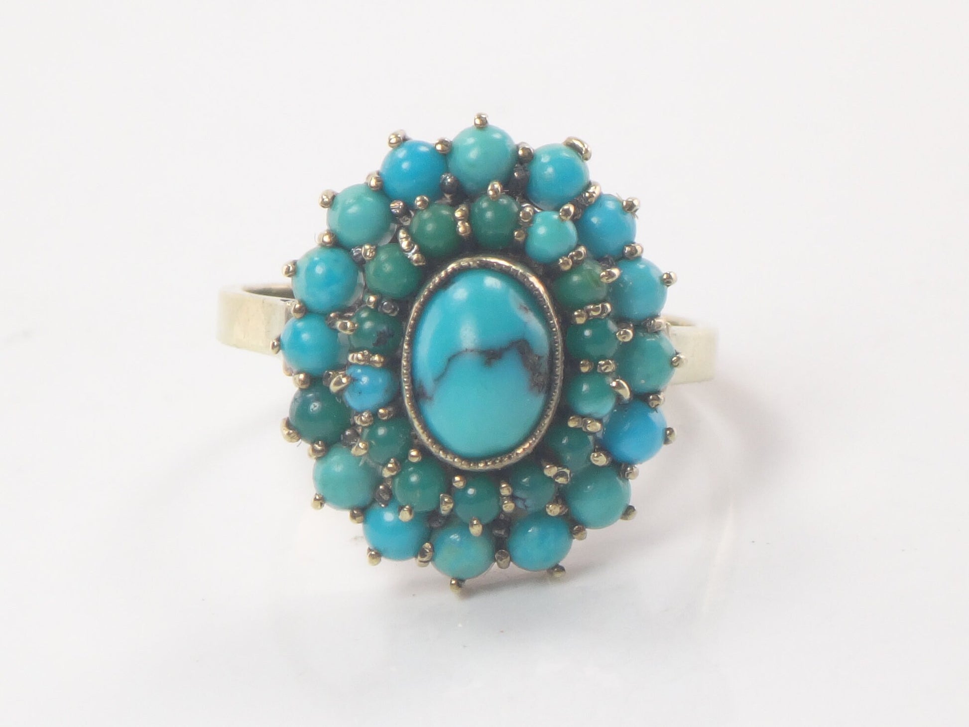 Vintage 10k Gold Turquoise Cluster Ring: Blue Green Oval Dome Style