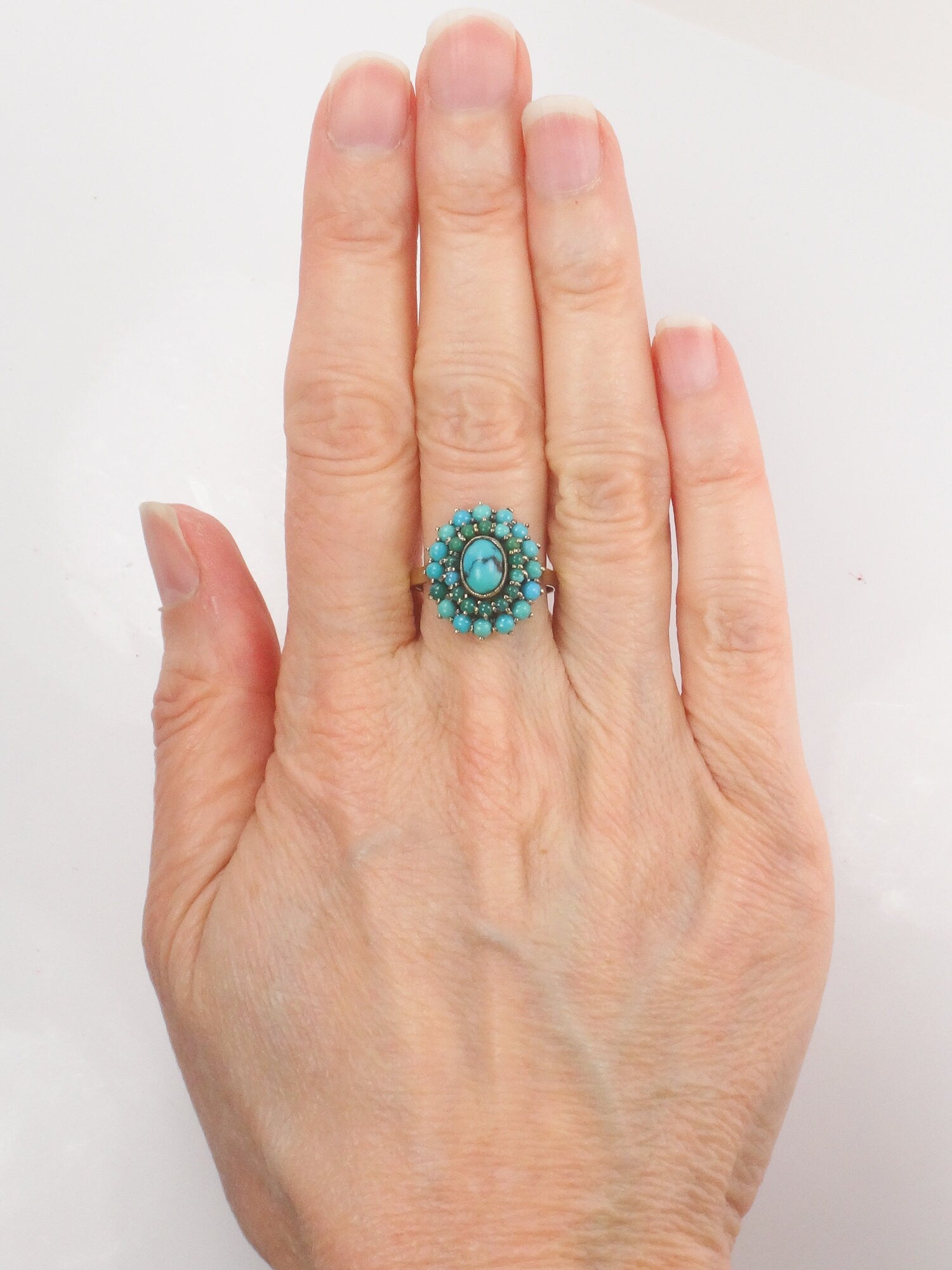 Vintage 10k Gold Turquoise Cluster Ring: Blue Green Oval Dome Style