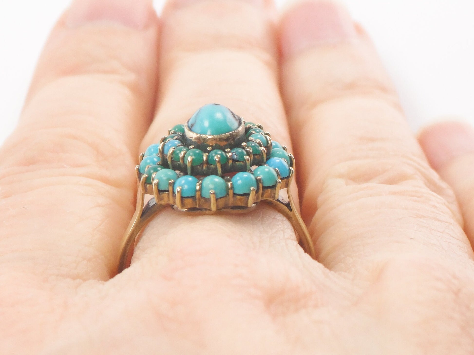 Vintage 10k Gold Turquoise Cluster Ring: Blue Green Oval Dome Style