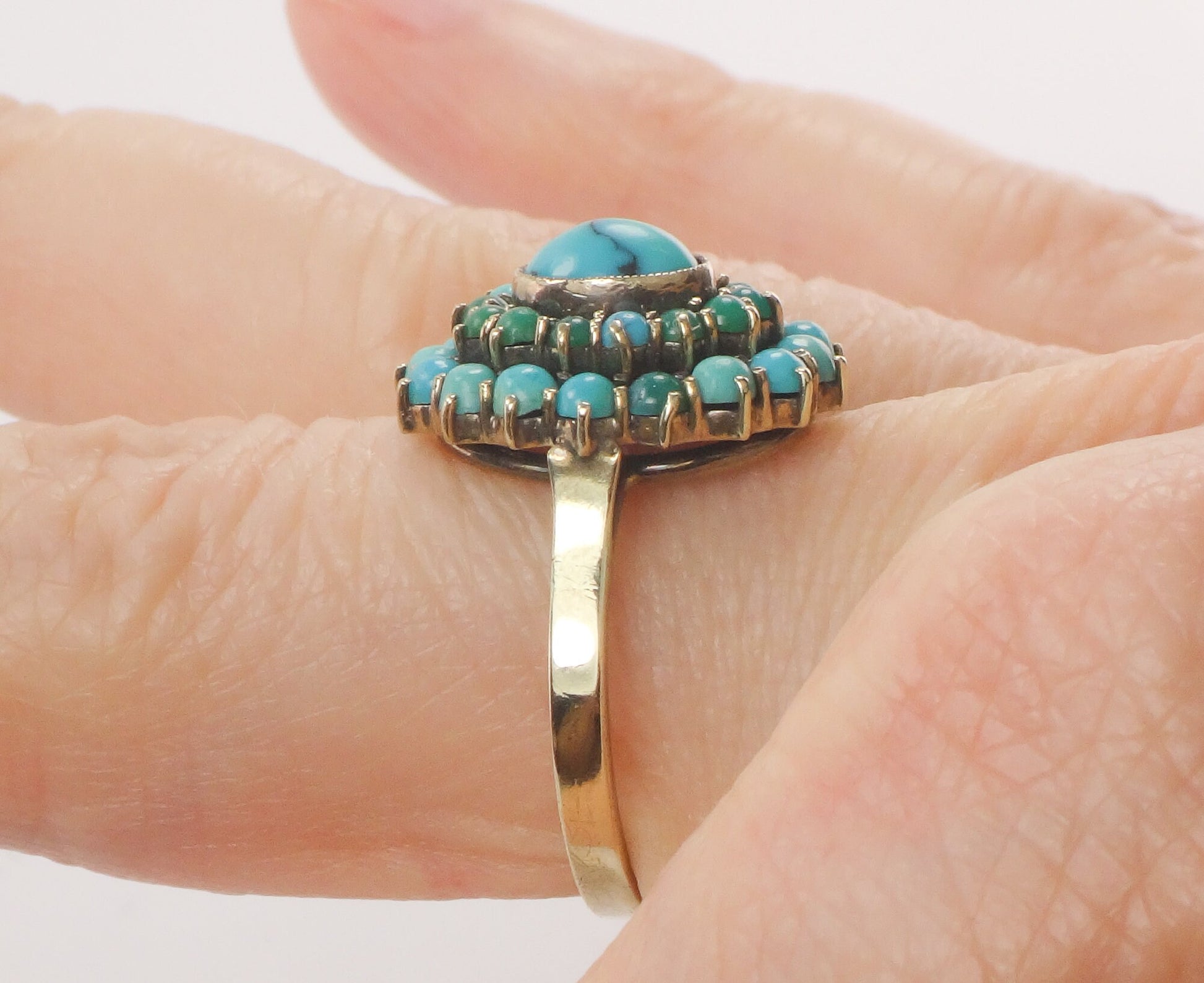 Vintage 10k Gold Turquoise Cluster Ring: Blue Green Oval Dome Style