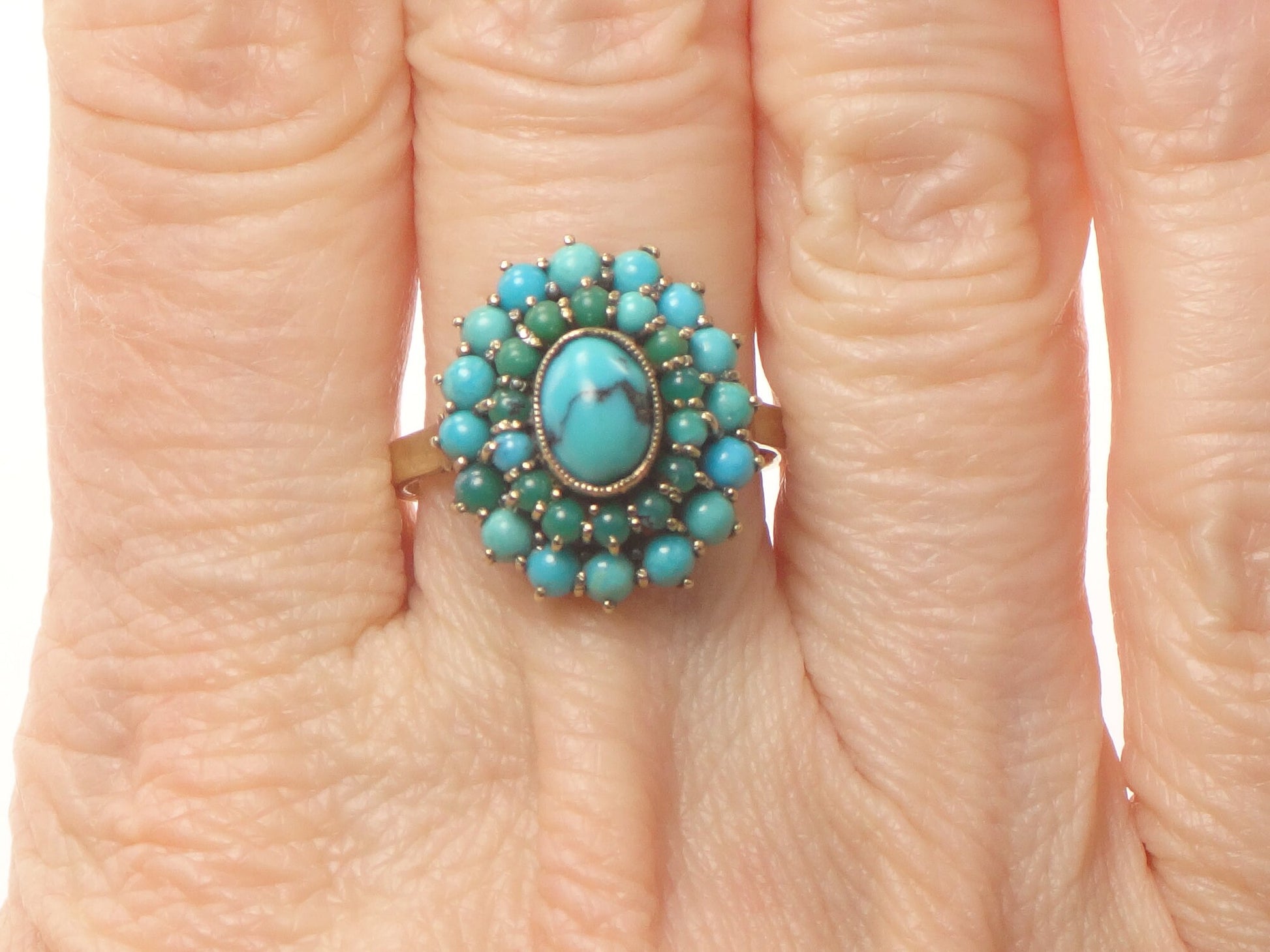 Vintage 10k Gold Turquoise Cluster Ring: Blue Green Oval Dome Style