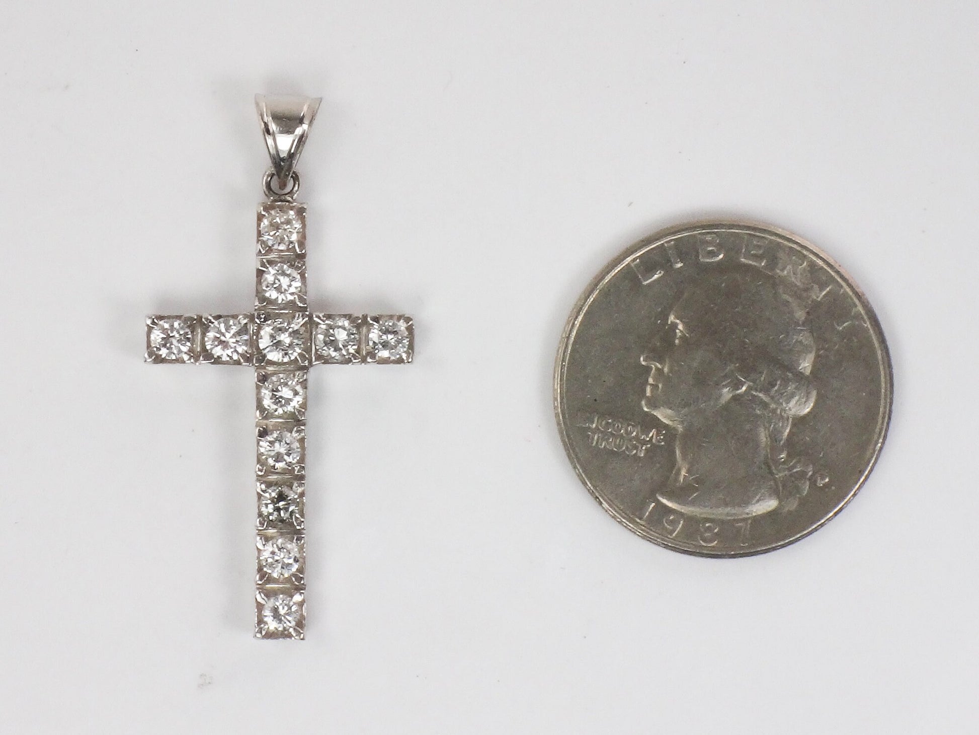 Vintage Large 14k White Gold Natural Diamond Cross Pendant, Approximately 1.2 CTS TDW Unisex Cross
