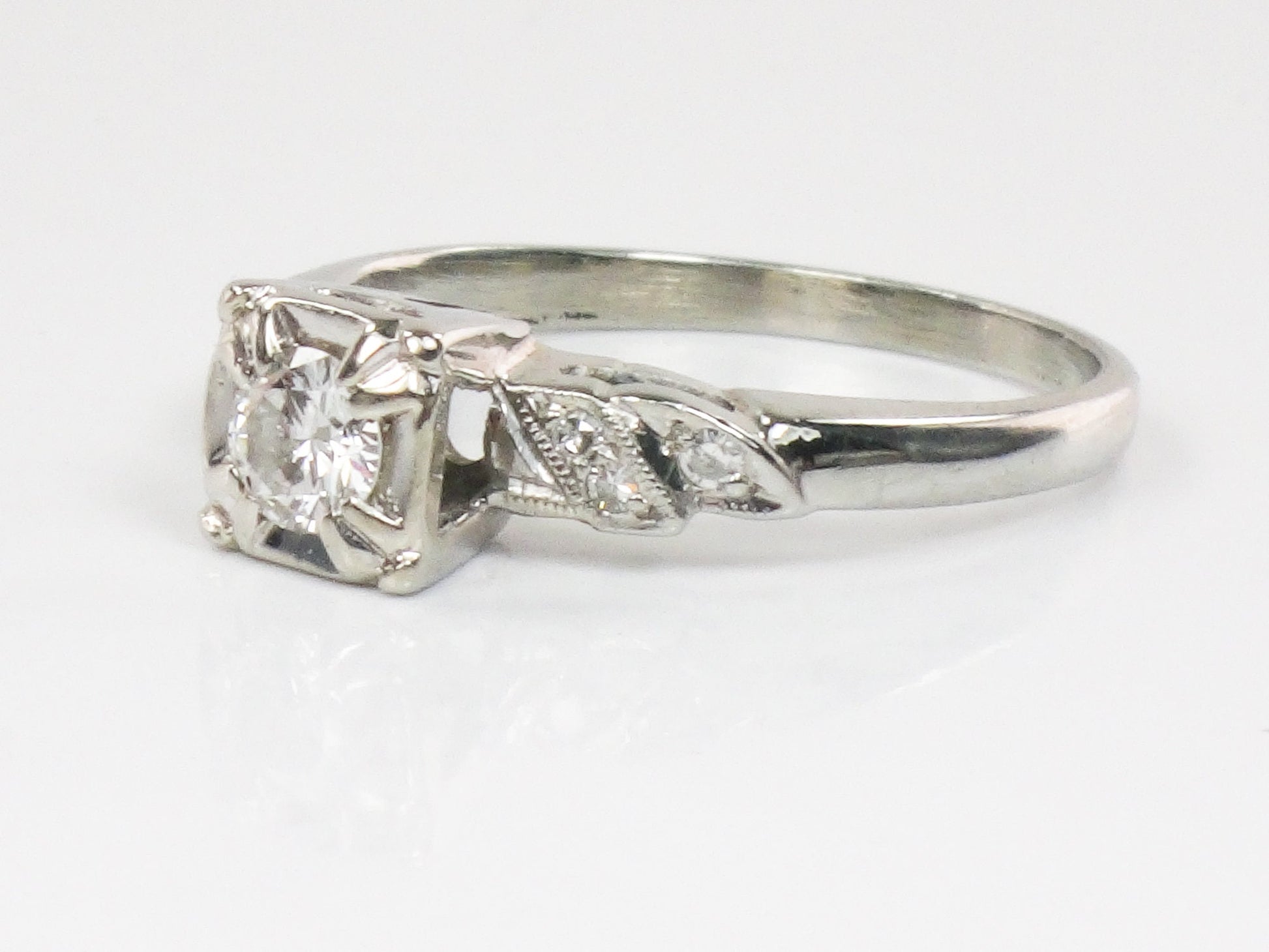 Vintage 18k Round Natural Diamond Engagement Ring .25 CTS Center 1960's White Gold Diamond Ring Size 6.75