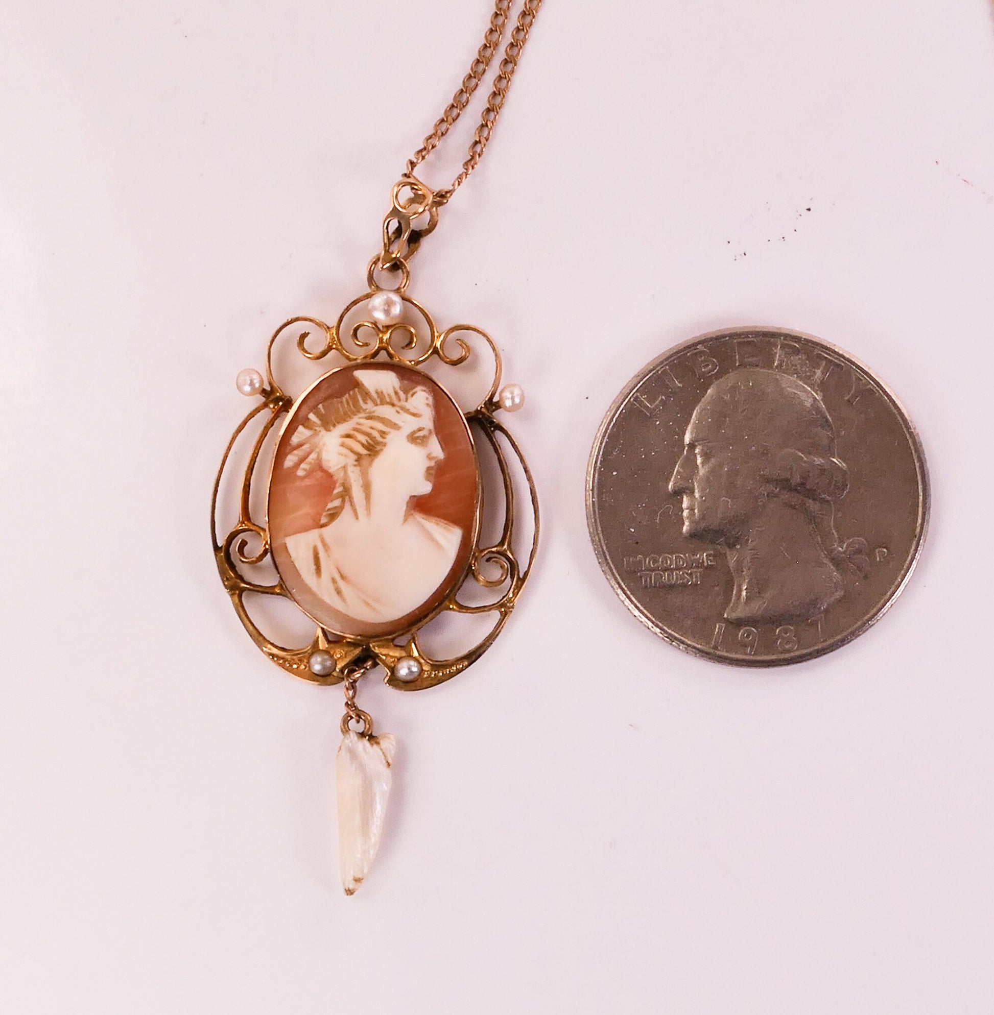 Antique Gold Cameo Lavalier Pendant Necklace with Seed and Tooth Pearls 10k & 14k Art Nouveau Necklace 18"