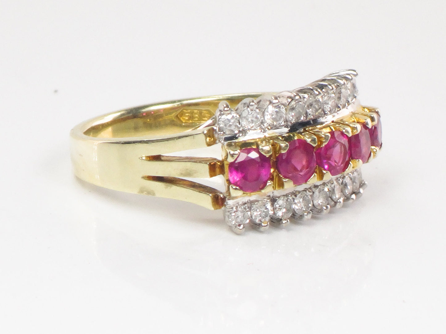 Vintage 14k Two Tone Gold Natural Ruby & Diamond Ring Wide Retro Style Band July Birthstone Approx. 1/2 CT Diamonds