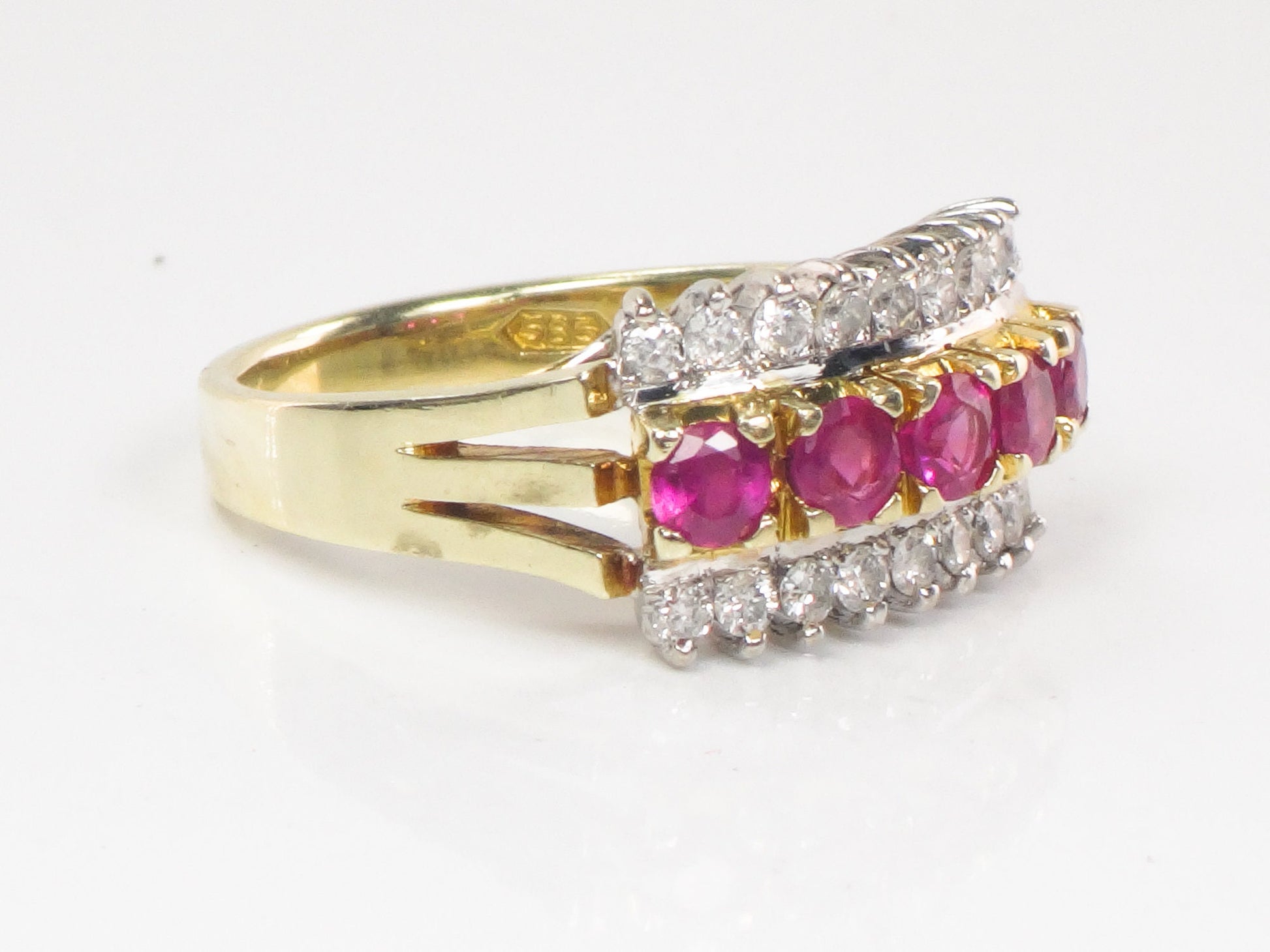 Vintage 14k Two Tone Gold Natural Ruby & Diamond Ring Wide Retro Style Band July Birthstone Approx. 1/2 CT Diamonds