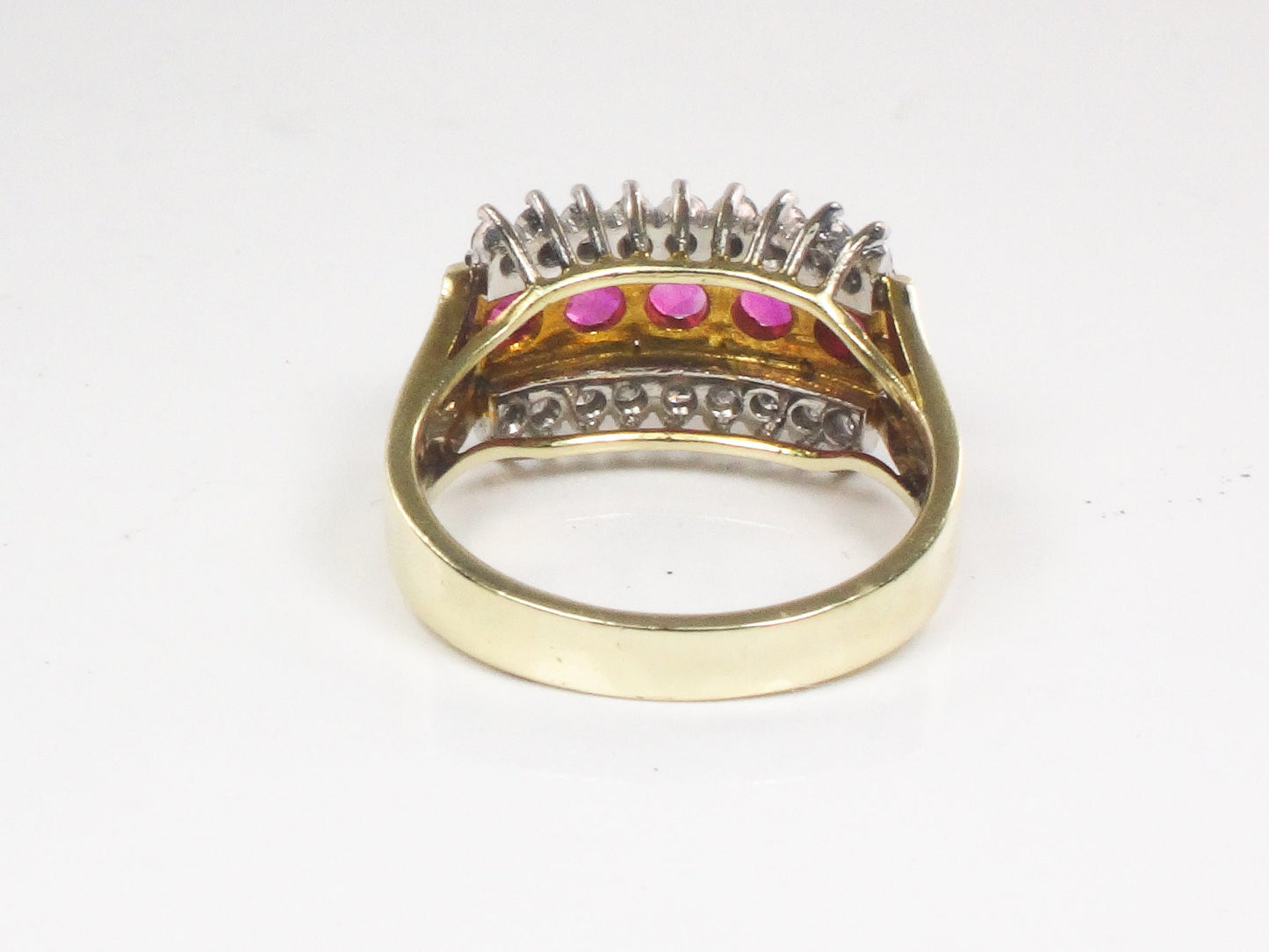 Vintage 14k Two Tone Gold Natural Ruby & Diamond Ring Wide Retro Style Band July Birthstone Approx. 1/2 CT Diamonds
