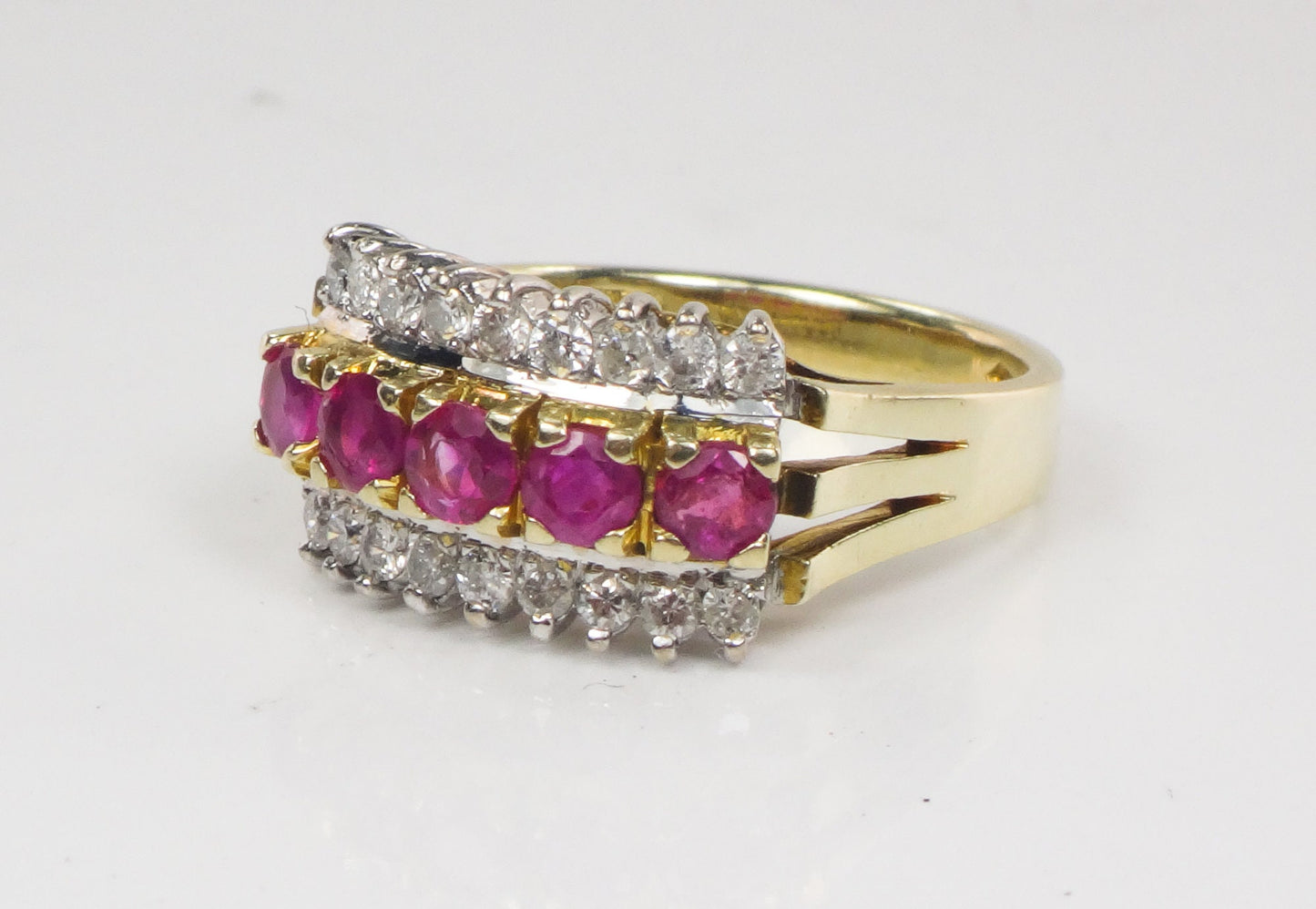 Vintage 14k Two Tone Gold Natural Ruby & Diamond Ring Wide Retro Style Band July Birthstone Approx. 1/2 CT Diamonds