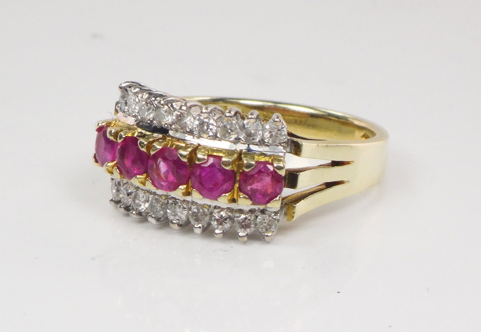 Vintage 14k Two Tone Gold Natural Ruby & Diamond Ring Wide Retro Style Band July Birthstone Approx. 1/2 CT Diamonds