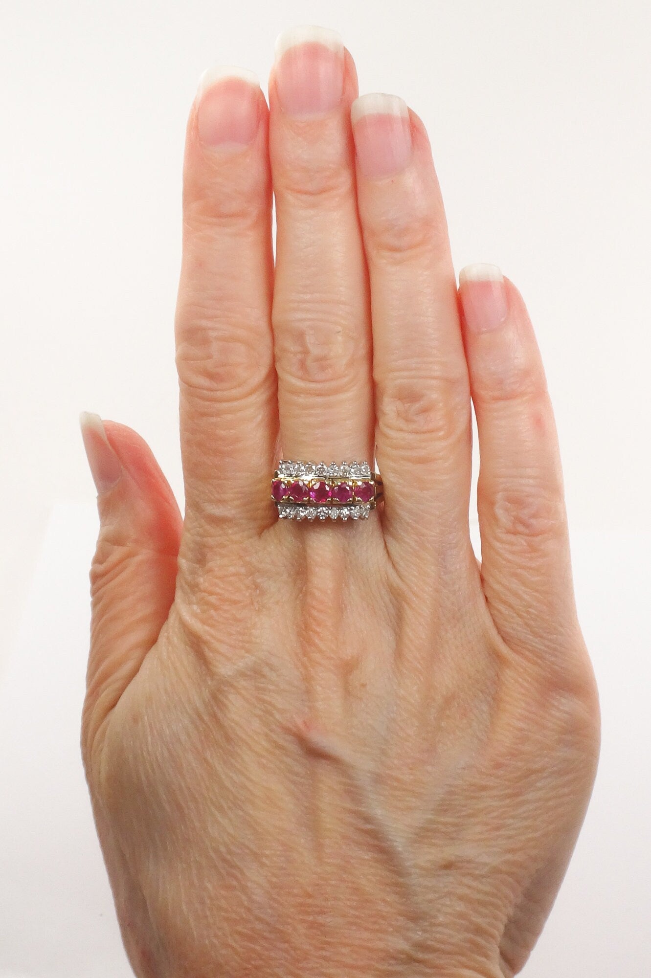 Vintage 14k Two Tone Gold Natural Ruby & Diamond Ring Wide Retro Style Band July Birthstone Approx. 1/2 CT Diamonds