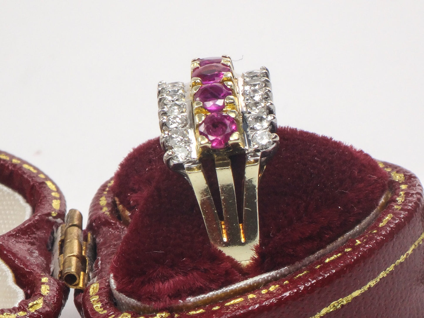 Vintage 14k Two Tone Gold Natural Ruby & Diamond Ring Wide Retro Style Band July Birthstone Approx. 1/2 CT Diamonds