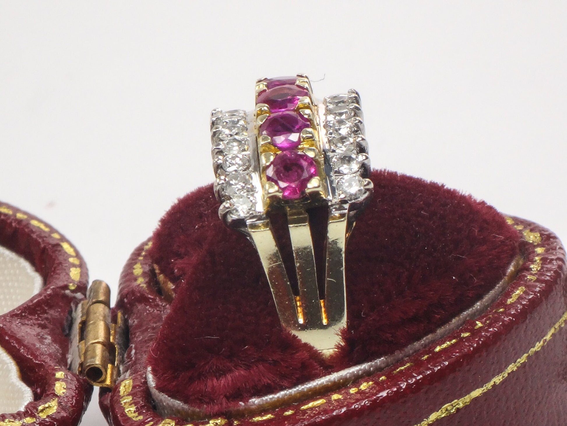 Vintage 14k Two Tone Gold Natural Ruby & Diamond Ring Wide Retro Style Band July Birthstone Approx. 1/2 CT Diamonds