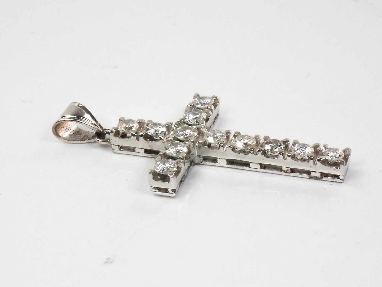 Vintage Large 14k White Gold Natural Diamond Cross Pendant, Approximately 1.2 CTS TDW Unisex Cross