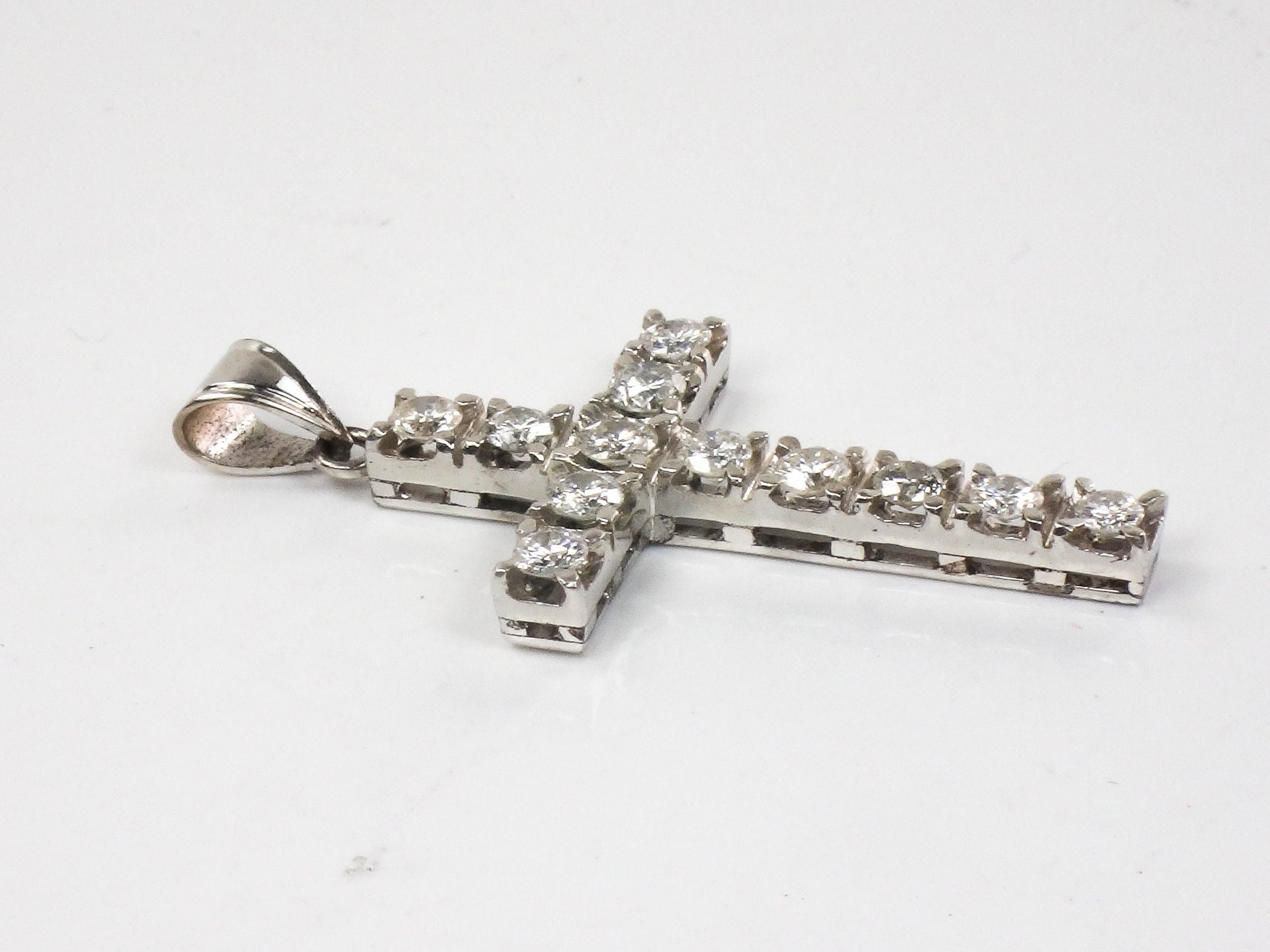 Vintage Large 14k White Gold Natural Diamond Cross Pendant, Approximately 1.2 CTS TDW Unisex Cross