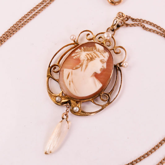 Antique Gold Cameo Lavalier Pendant Necklace with Seed and Tooth Pearls 10k & 14k Art Nouveau Necklace 18"