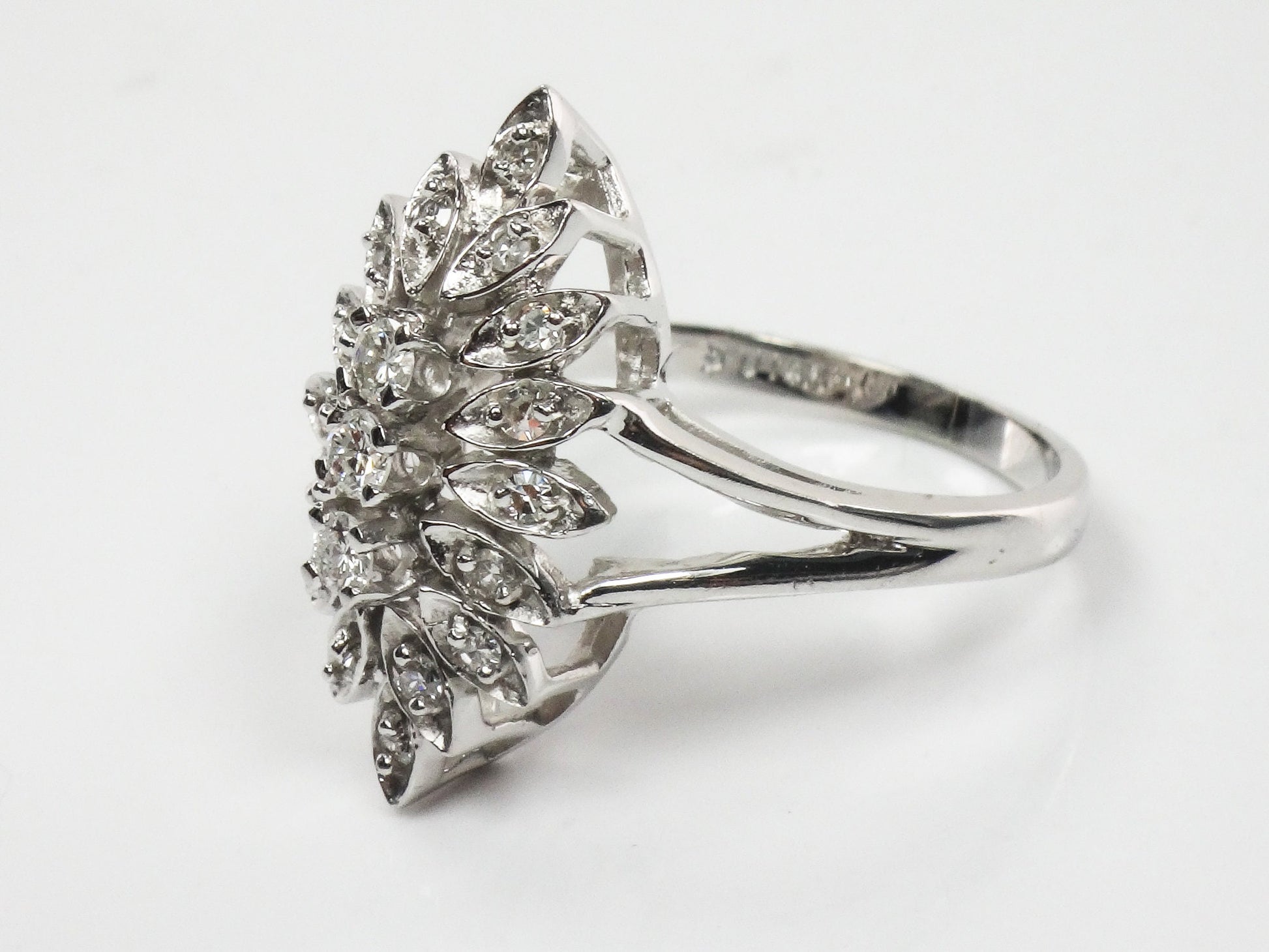 Vintage Marquise Shaped Natural Diamond Cluster Ring, 14k White Gold Everyday Ring Approx 1/3 Carat TDW