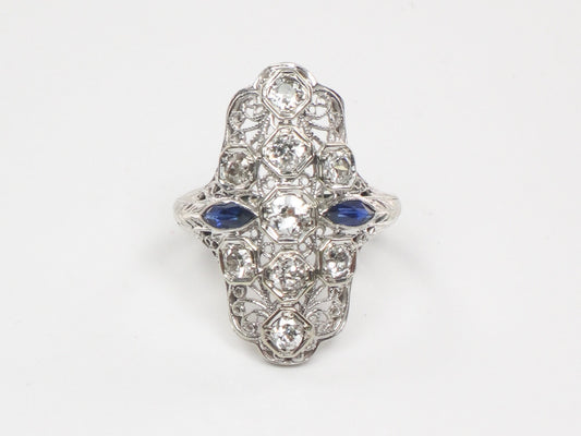 Art Deco Diamond Ring 18k White Gold Filigree Old Transitional Cut Natural Diamond Ring 1920 Filigree Diamond Ring Approx .75 CTS Total