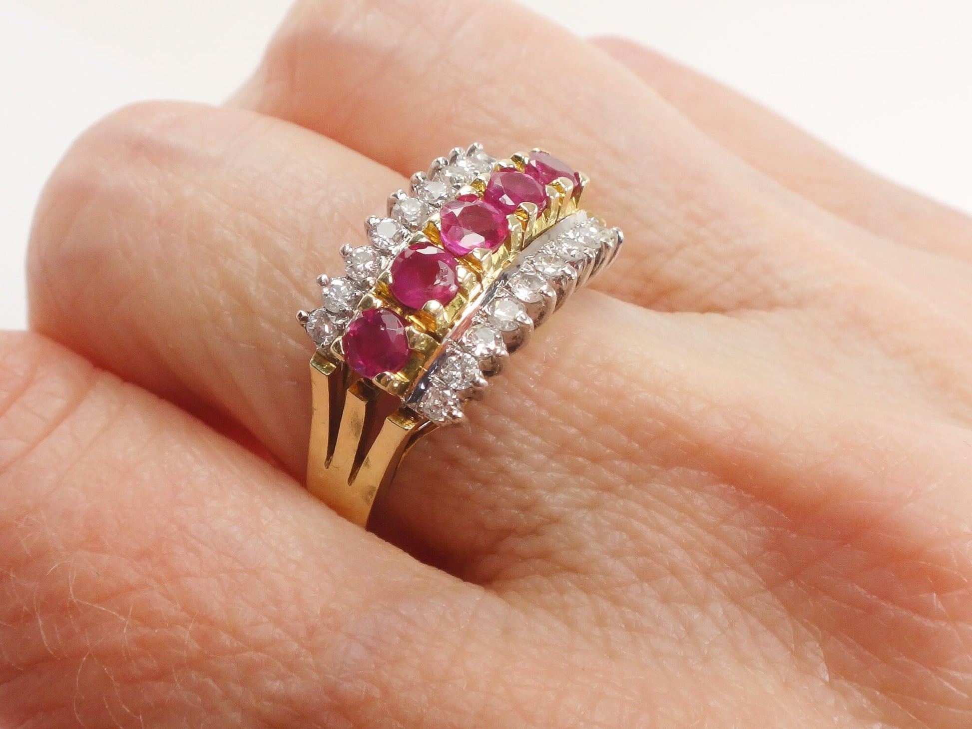 Vintage 14k Two Tone Gold Natural Ruby & Diamond Ring Wide Retro Style Band July Birthstone Approx. 1/2 CT Diamonds