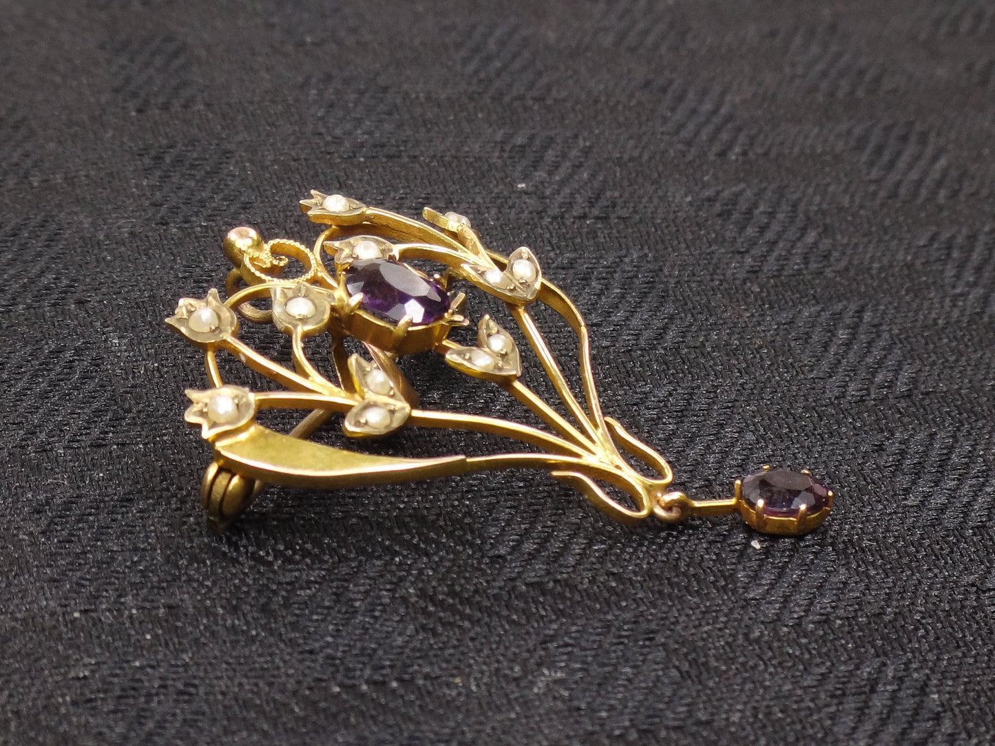 Antique Victorian 9ct Gold Seed Pearl and Purple Glass Floral Pendant Pin