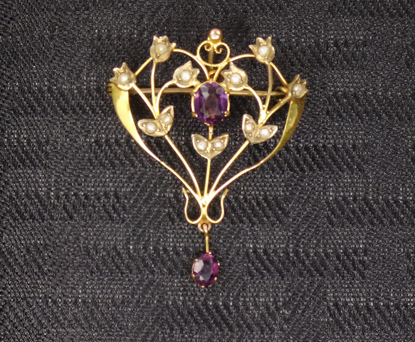 Antique Victorian 9ct Gold Seed Pearl and Purple Glass Floral Pendant Pin