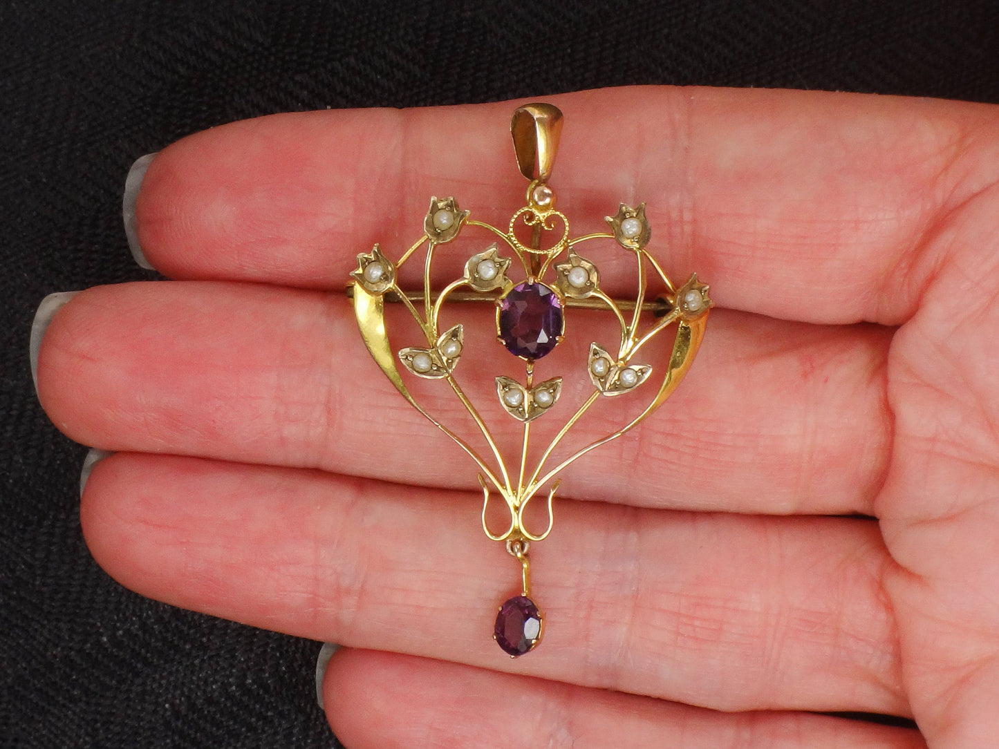 Antique Victorian 9ct Gold Seed Pearl and Purple Glass Floral Pendant Pin