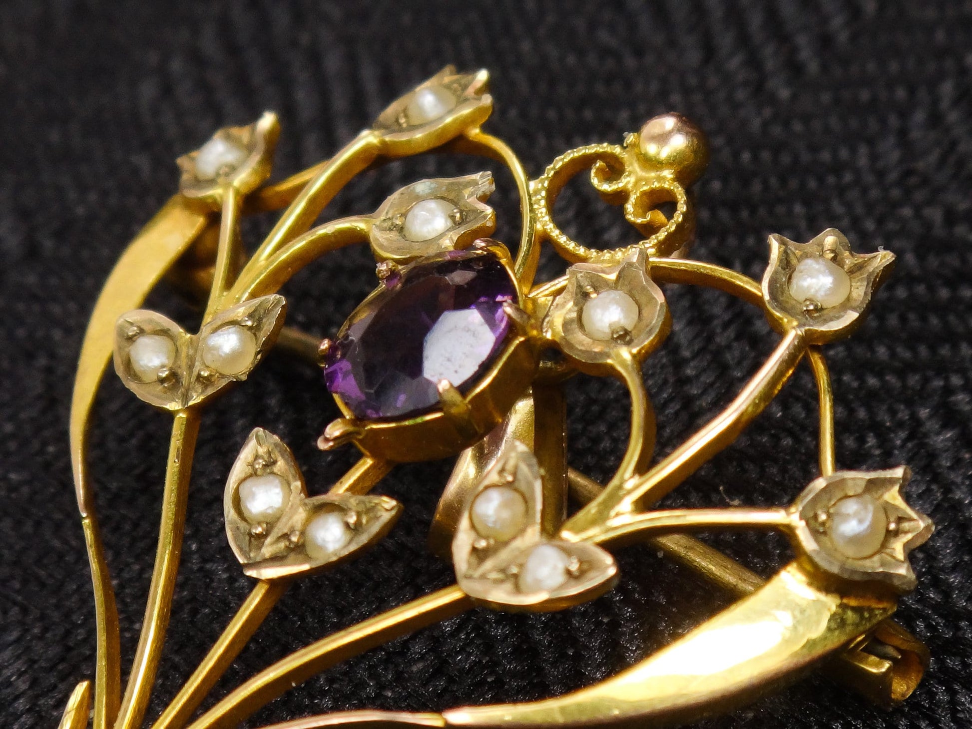 Antique Victorian 9ct Gold Seed Pearl and Purple Glass Floral Pendant Pin