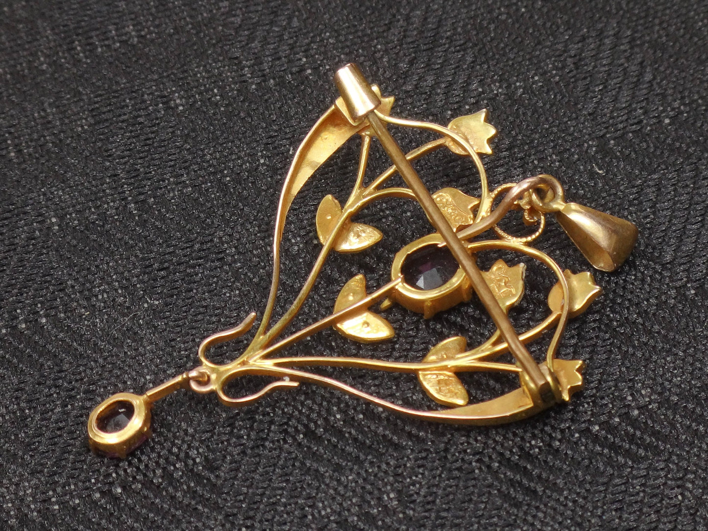 Antique Victorian 9ct Gold Seed Pearl and Purple Glass Floral Pendant Pin