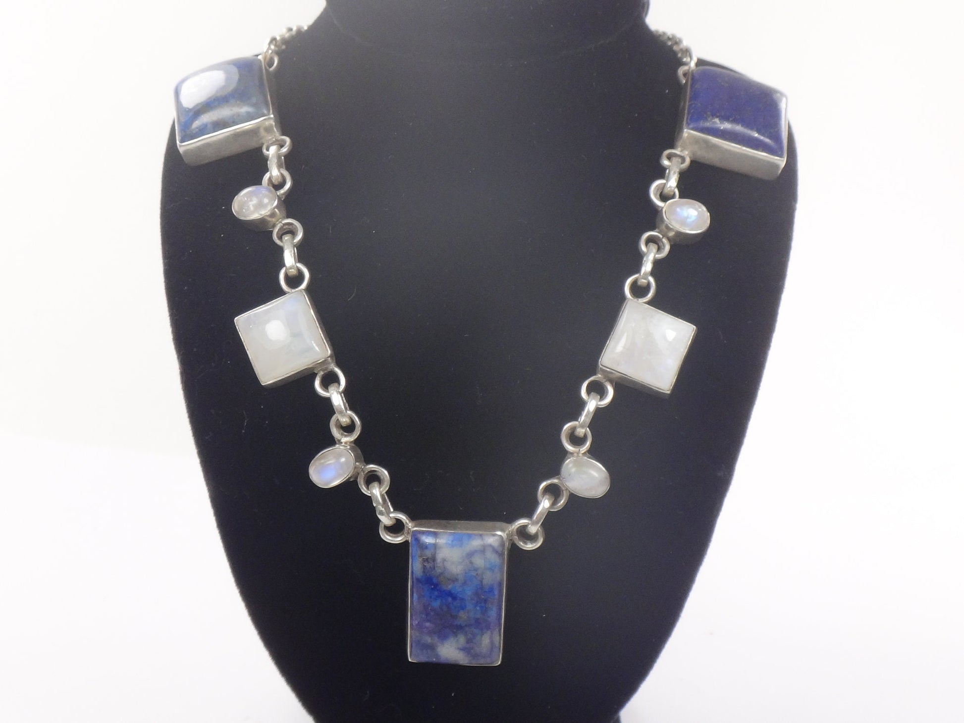 Vintage Sterling Silver Sodalite Lapis Necklace: Chunky Quartz Moonstone