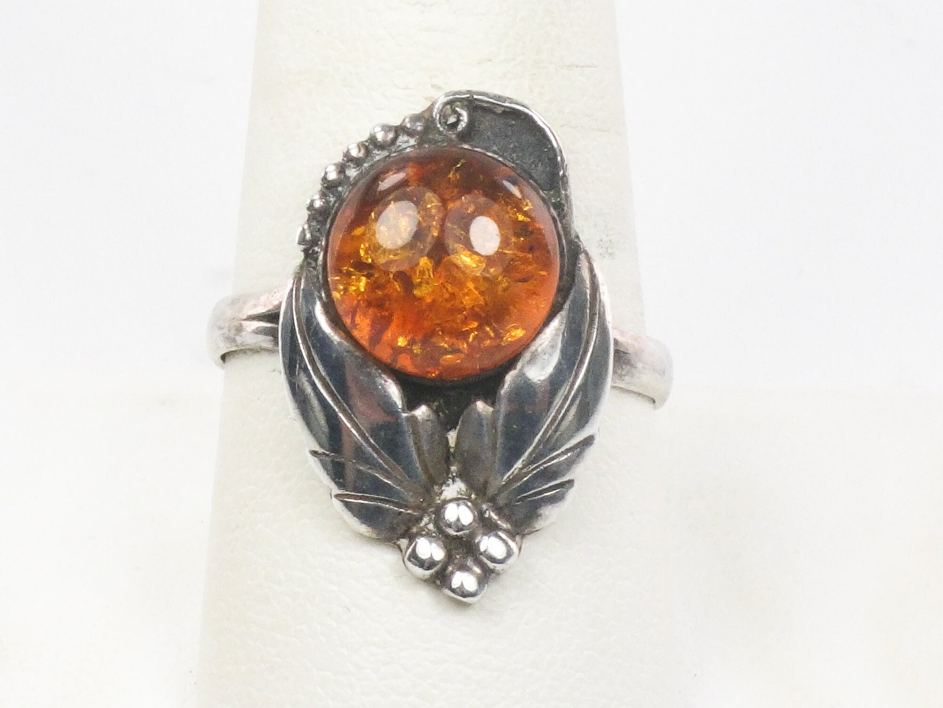 Vintage Sterling Silver Amber Ring with Southwestern Style Size 10