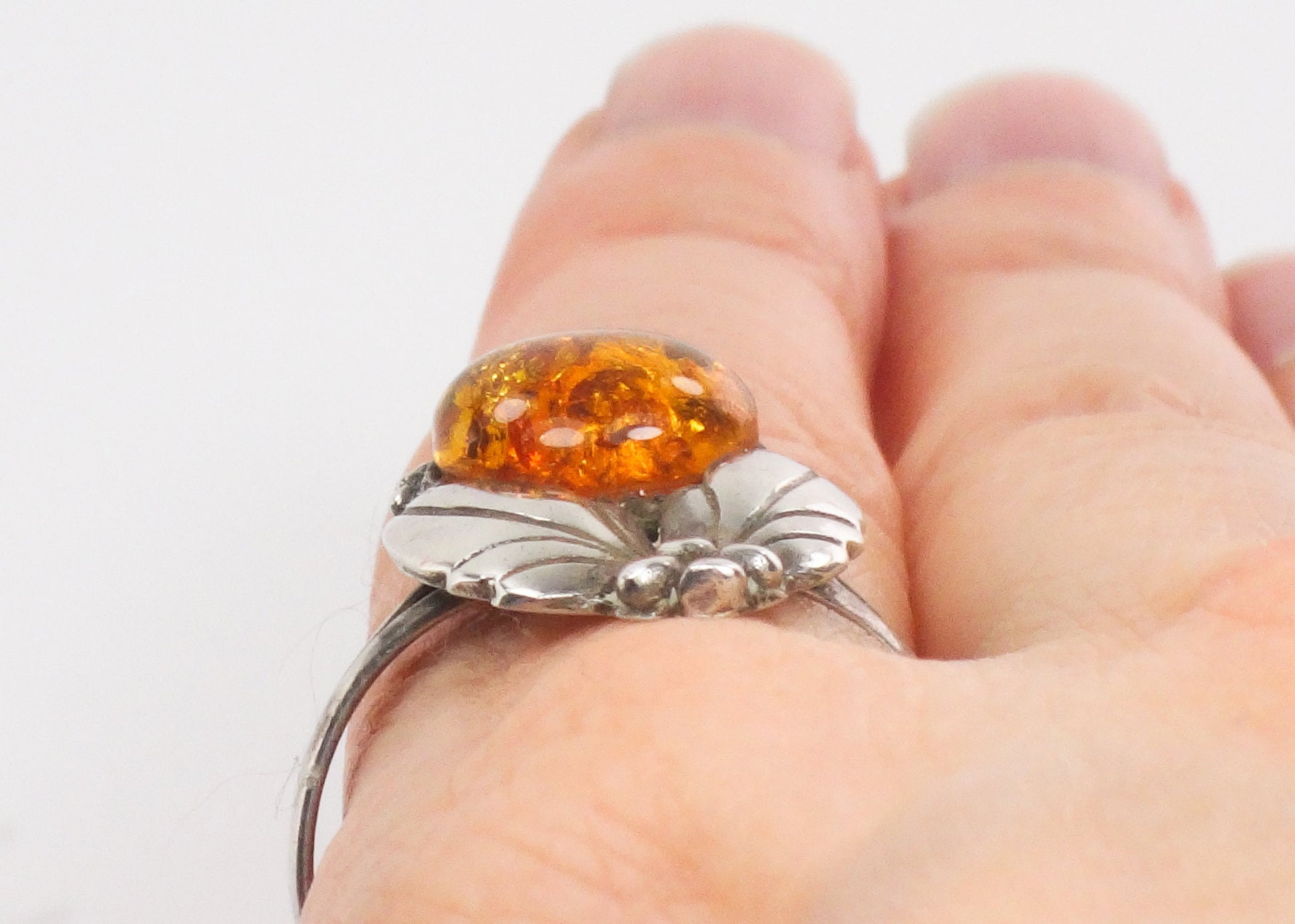 Vintage Sterling Silver Amber Ring with Southwestern Style Size 10