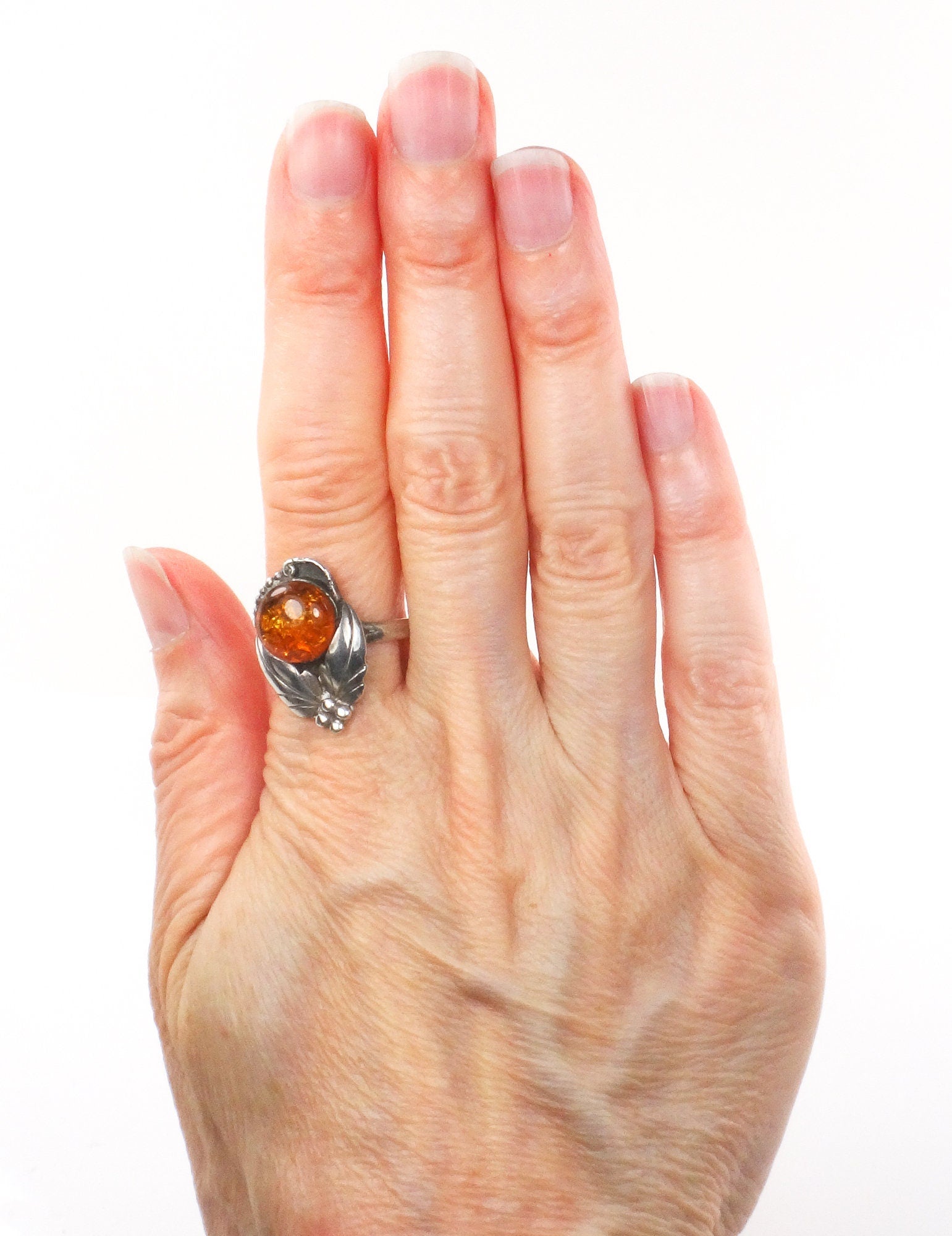 Vintage Sterling Silver Amber Ring with Southwestern Style Size 10