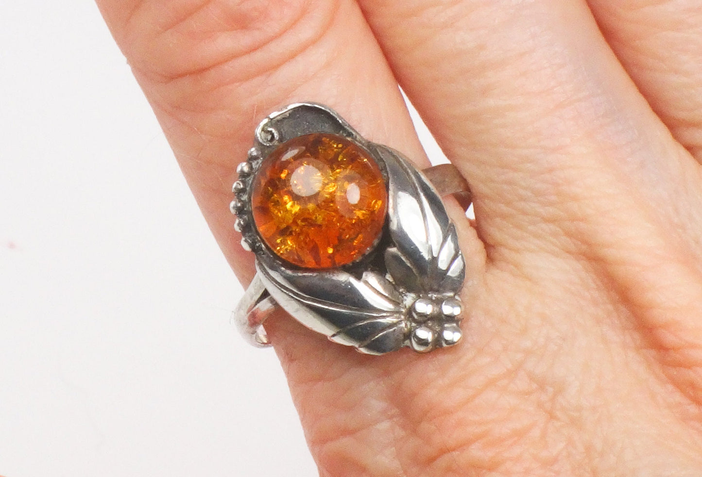 Vintage Sterling Silver Amber Ring with Southwestern Style Size 10