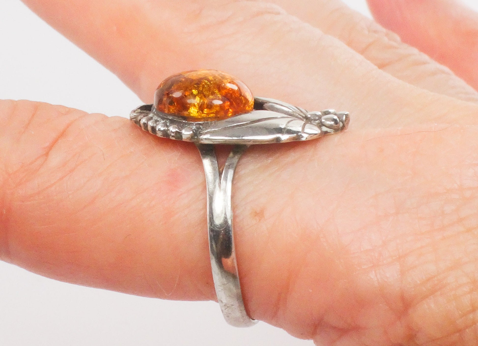 Vintage Sterling Silver Amber Ring with Southwestern Style Size 10