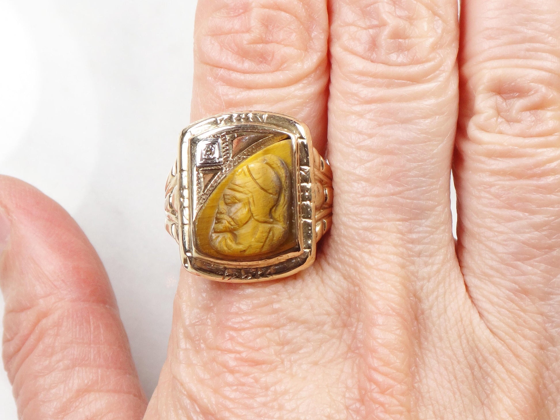 Vintage 10k Gold Carved Tiger Eye Intaglio Ring with Diamond Yellow Gold Cameo Ring Size 9