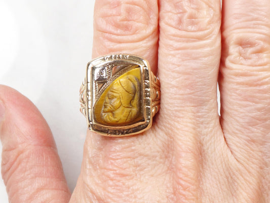 Vintage 10k Gold Carved Tiger Eye Intaglio Ring with Diamond Yellow Gold Cameo Ring Size 9