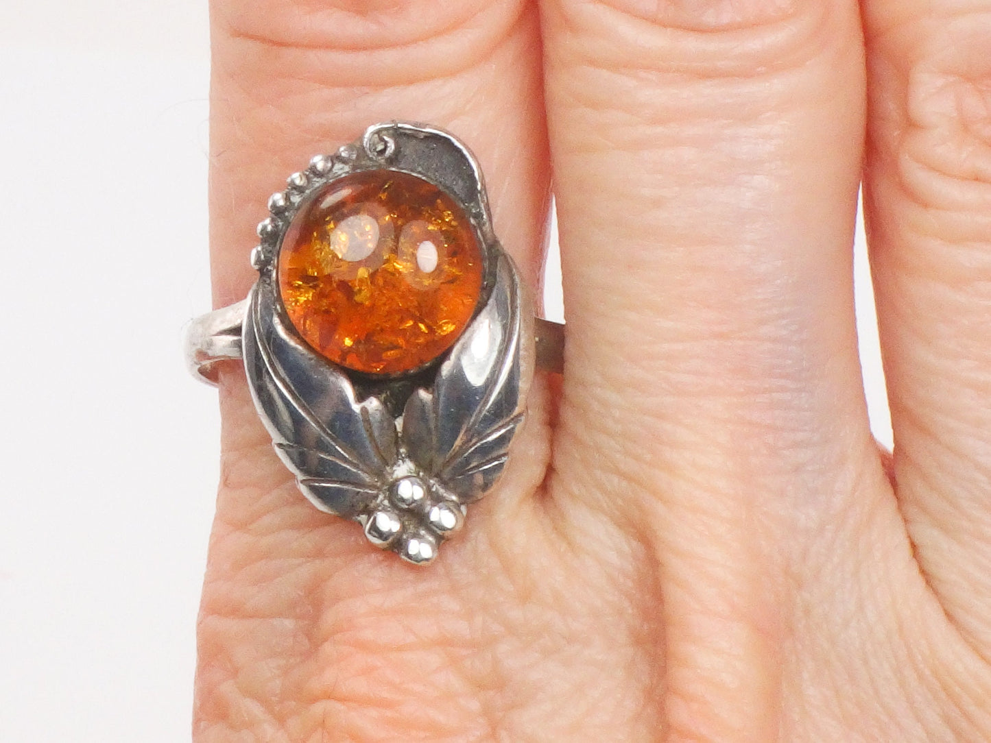Vintage Sterling Silver Amber Ring with Southwestern Style Size 10