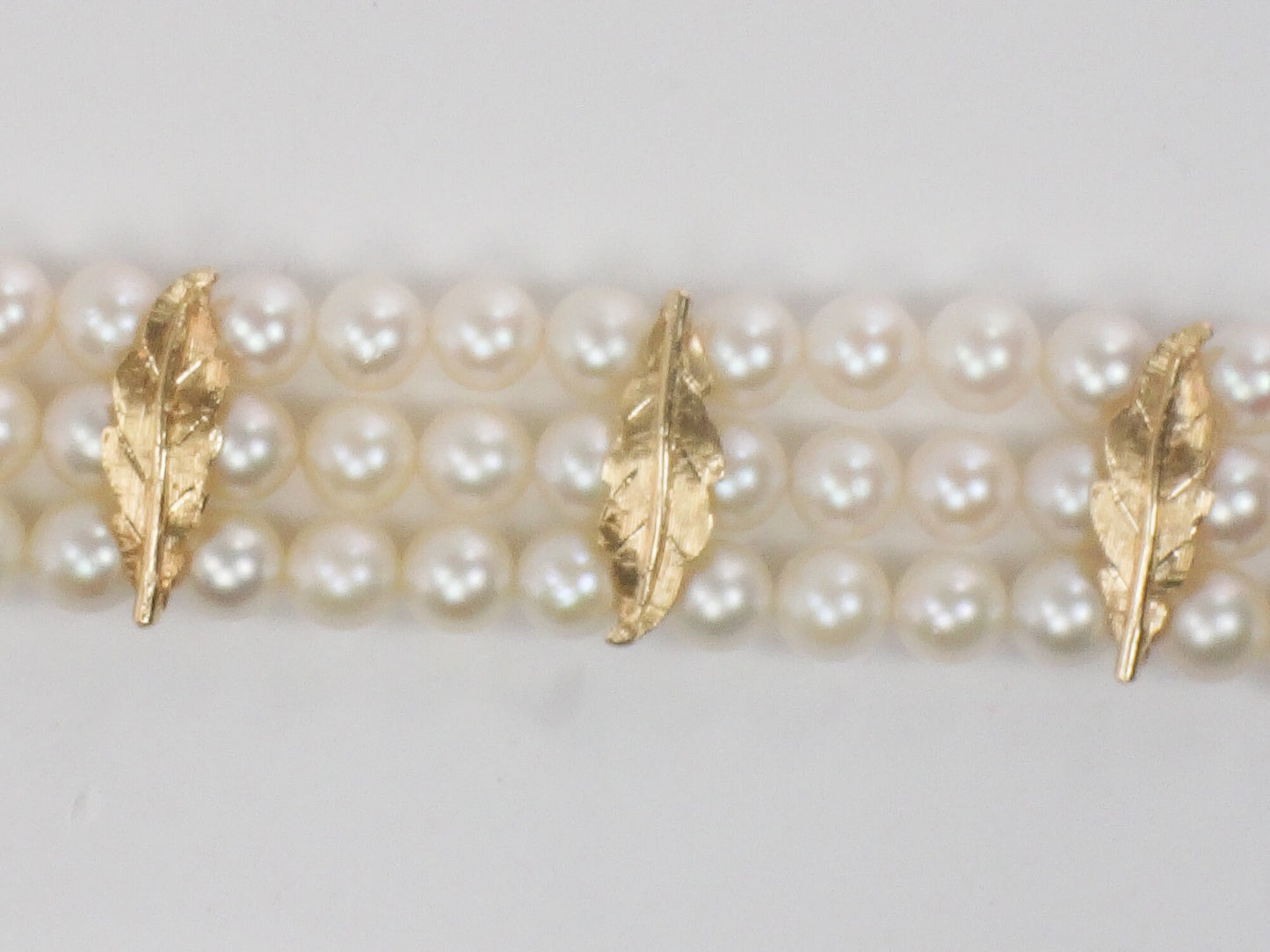 Vintage 14k Gold Triple Strand Pearl Bracelet with Rose, Floral Saltwater Cultured Pearl Bridal Bracelet 7"