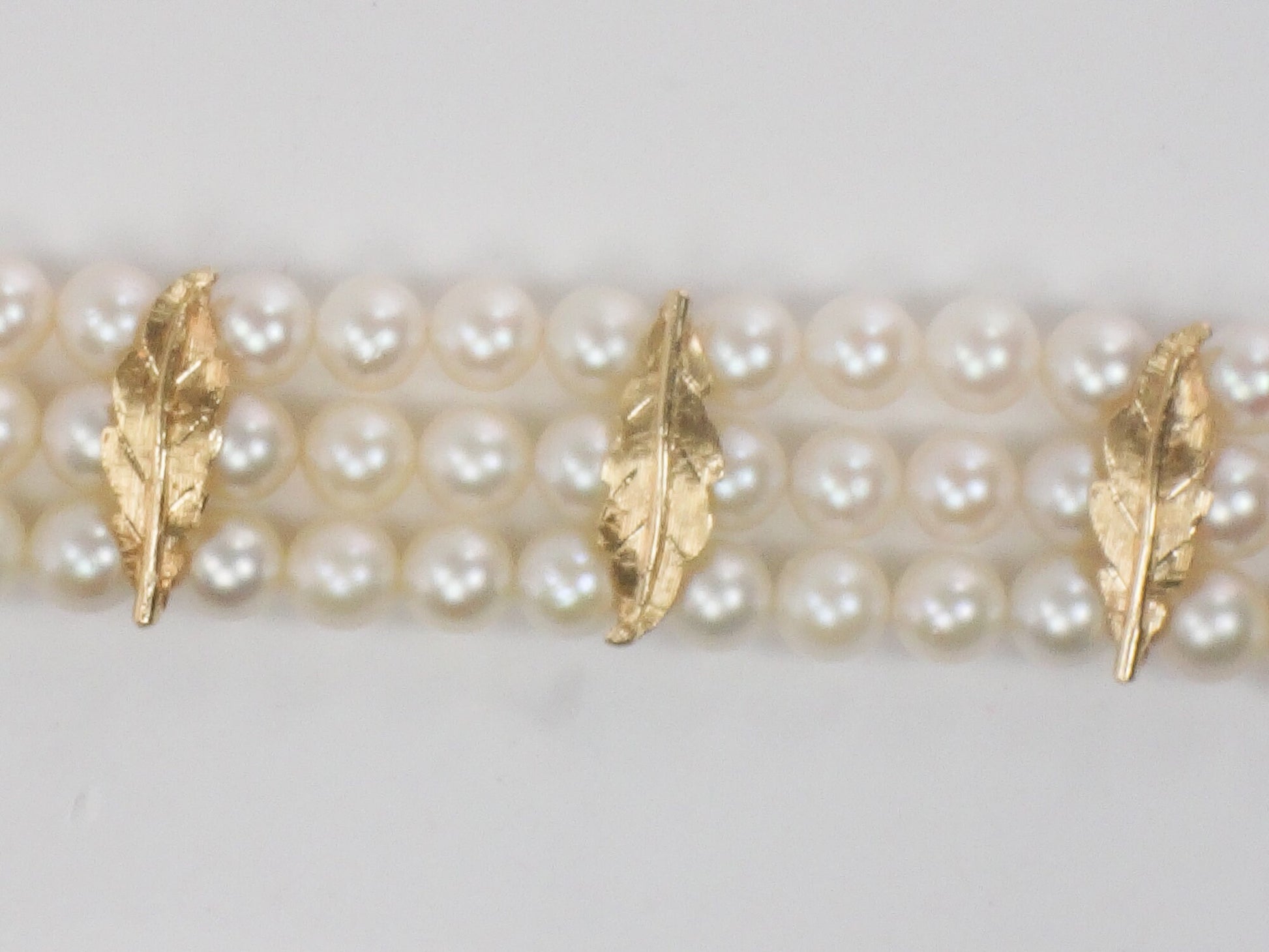 Vintage 14k Gold Triple Strand Pearl Bracelet with Rose, Floral Saltwater Cultured Pearl Bridal Bracelet 7"