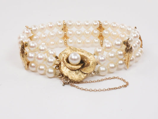 Vintage 14k Gold Triple Strand Pearl Bracelet with Rose, Floral Saltwater Cultured Pearl Bridal Bracelet 7"