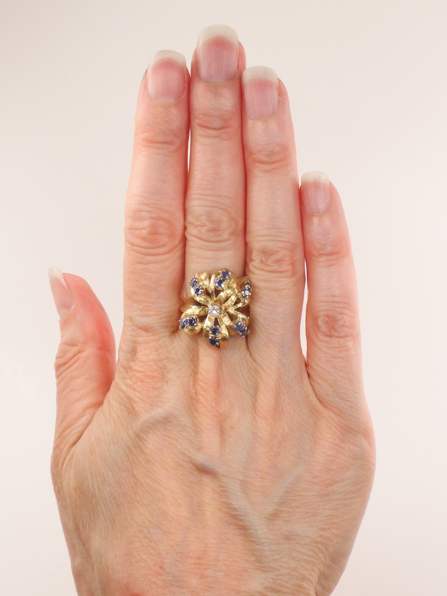Vintage 14k Gold Natural Blue Sapphire and Diamond Ring, Large Yellow Gold Flower Ring, Size 5.75