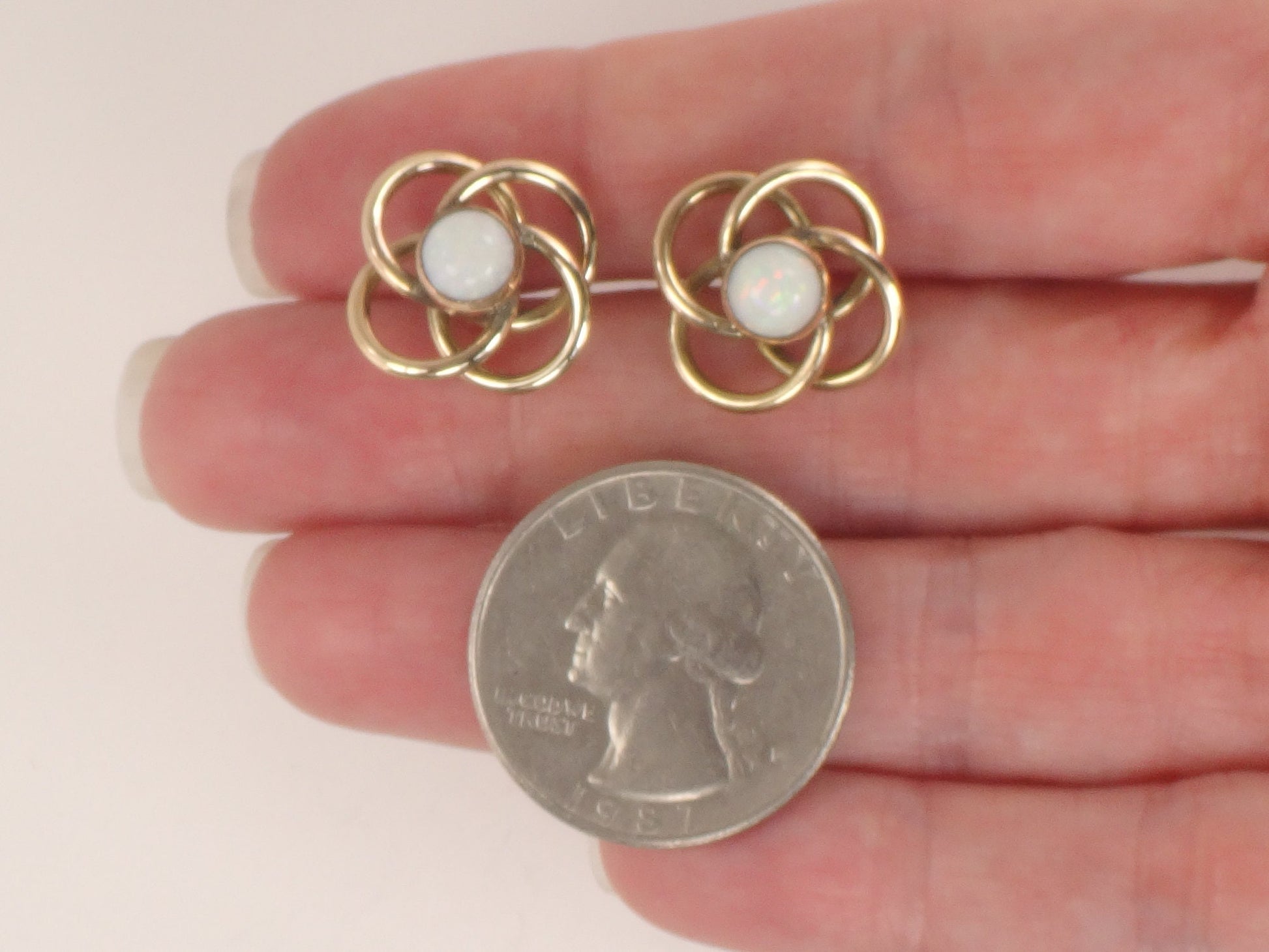 Vintage 14k Gold Natural Opal Love Knot Earrings - Yellow Gold Large Circle Stud Earrings