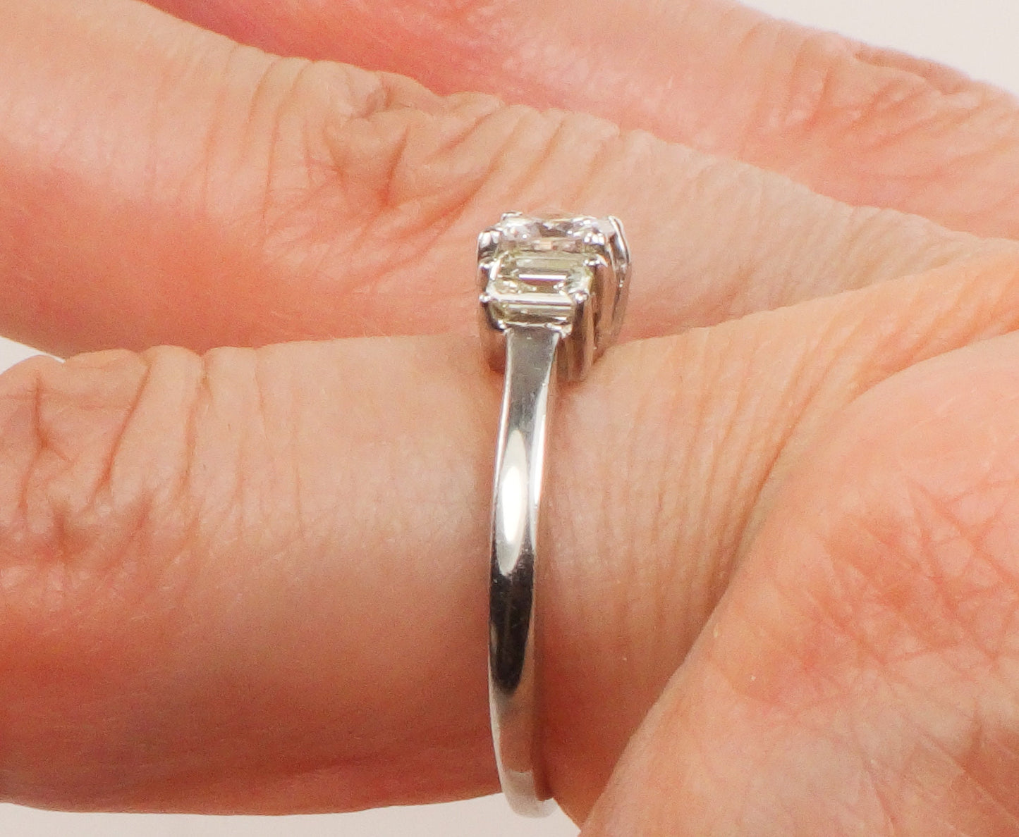 Vintage 18k White Gold Three Diamond Ring Three Stone Ring Round Natural Diamond Engagement Ring .75 CT TDW Size 7