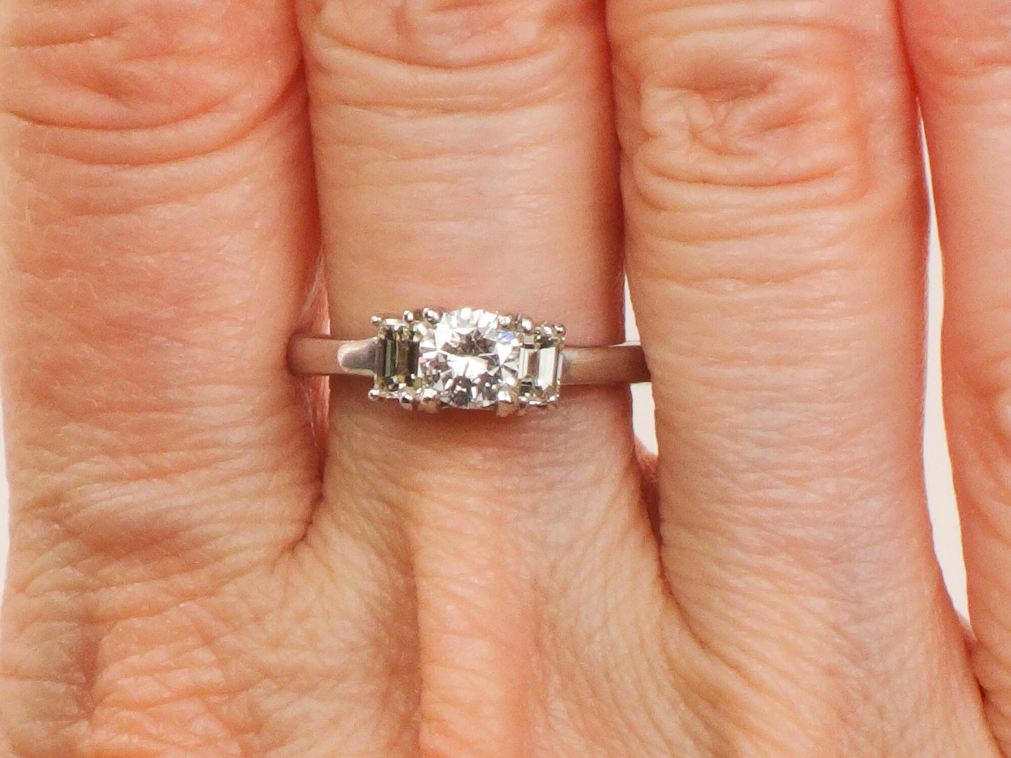 Vintage 18k White Gold Three Diamond Ring Three Stone Ring Round Natural Diamond Engagement Ring .75 CT TDW Size 7