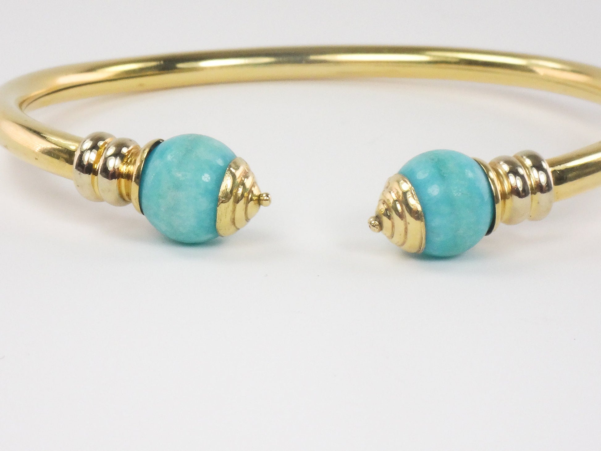 Vintage 18k Yellow Gold Turquoise Bangle Bracelet with Ball Ends Cuff Bracelet