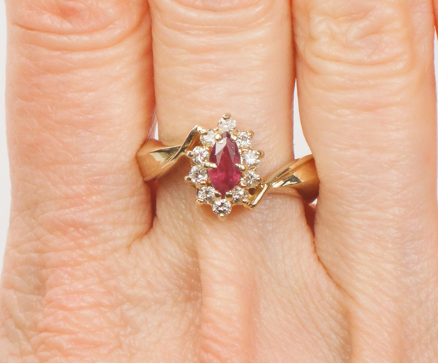 Vintage 14k Yellow Gold Ruby Diamond Halo Ring - Size 7.75