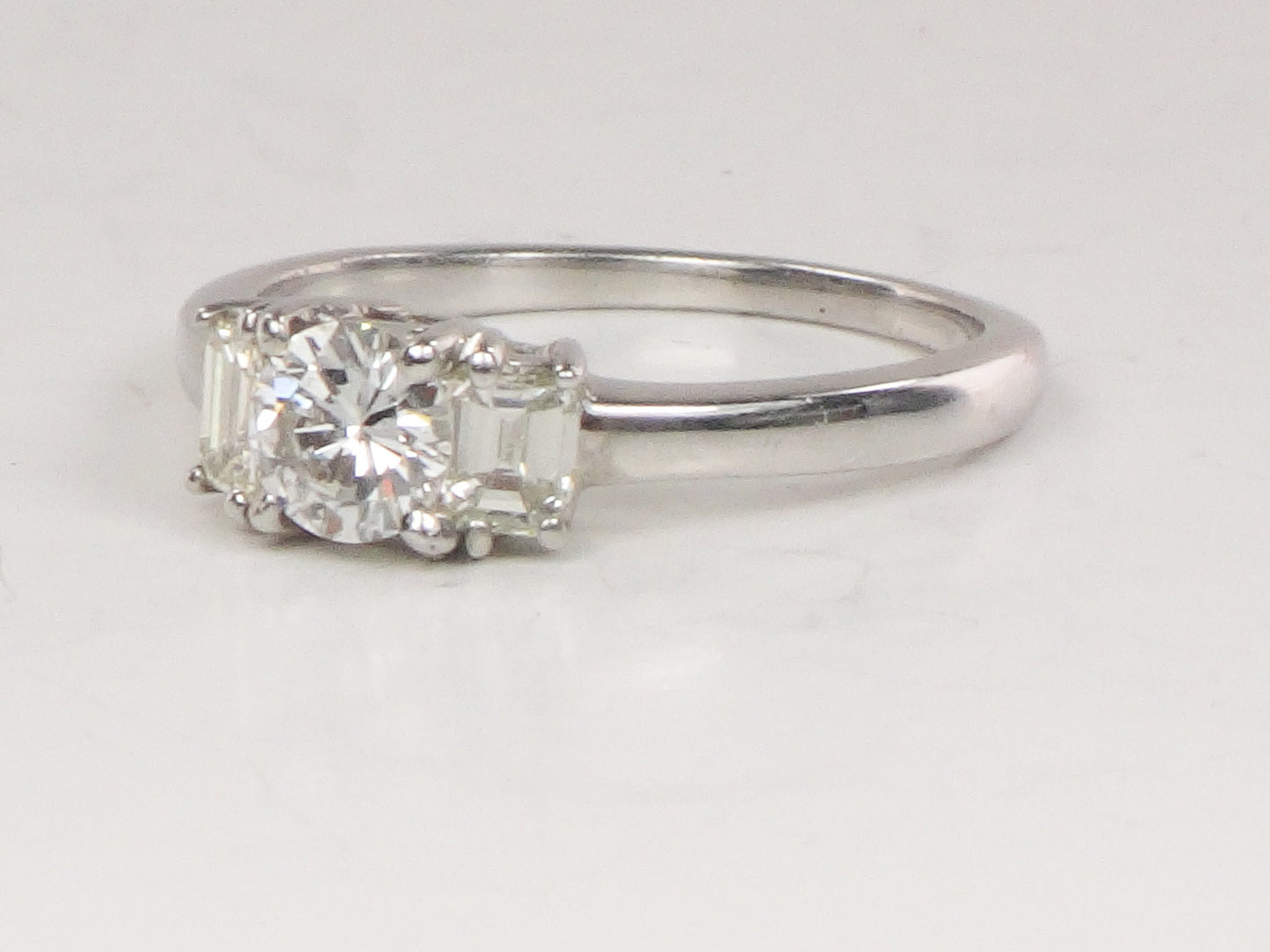 Vintage 18k White Gold Three Diamond Ring Three Stone Ring Round Natural Diamond Engagement Ring .75 CT TDW Size 7